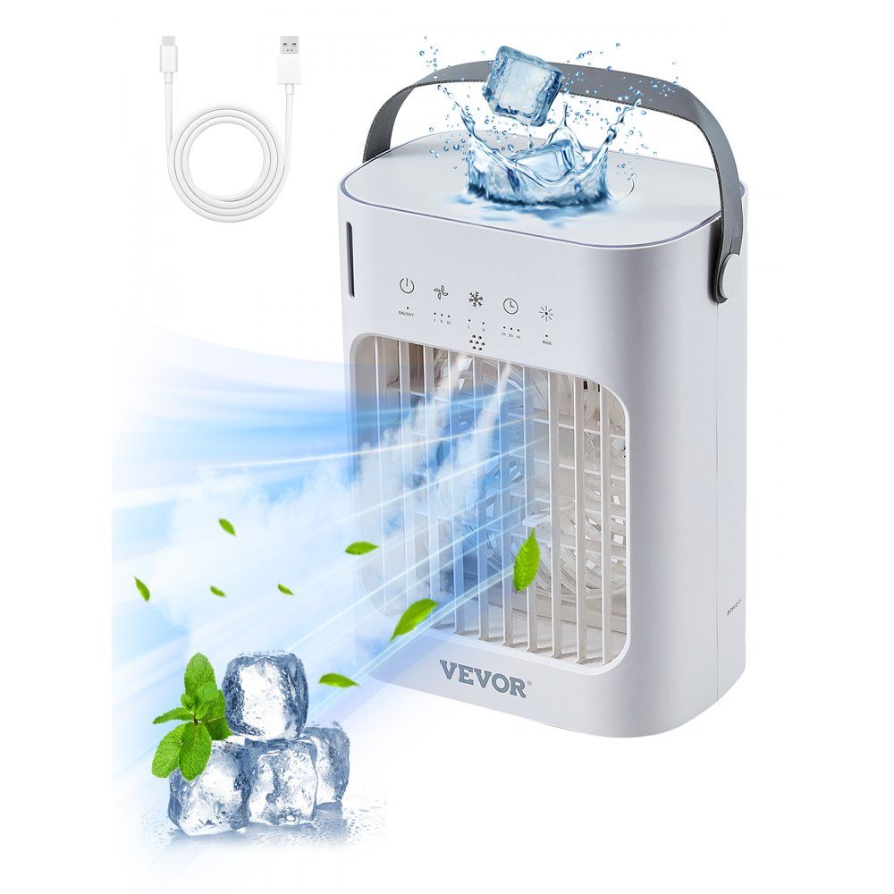 Climatiseur mobile, refroidisseur d'air 4 en 1, mini refroidisseur d'air à 3 vitesses avec minuterie intelligente de 0 à 7 heures, réservoir d'eau de 700 ml, lumière 7 couleurs, mini ventilateur AC personnel pour bureau de chambre à coucher