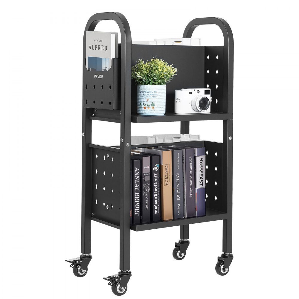 Wózek na książki 70 kg Nośność Wózek biblioteczny 45 x 33 x 88 cm Dwustronny regał w kształcie litery L z podwójnymi kółkami hamulcowymi Wózek na książki do salonu Biuro Szkoła Czarny