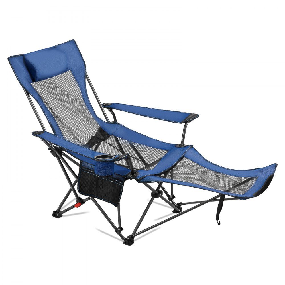 Klappbarer Campingstuhl, Liegestuhl mit 4 verstellbaren Positionen, Entspannungsstuhl-Liege mit Getränkehalter, Netz-Strandstuhl mit Kopfstütze und Fußstütze, belastbar 100 kg, für Outdoor-Camping, Blau
