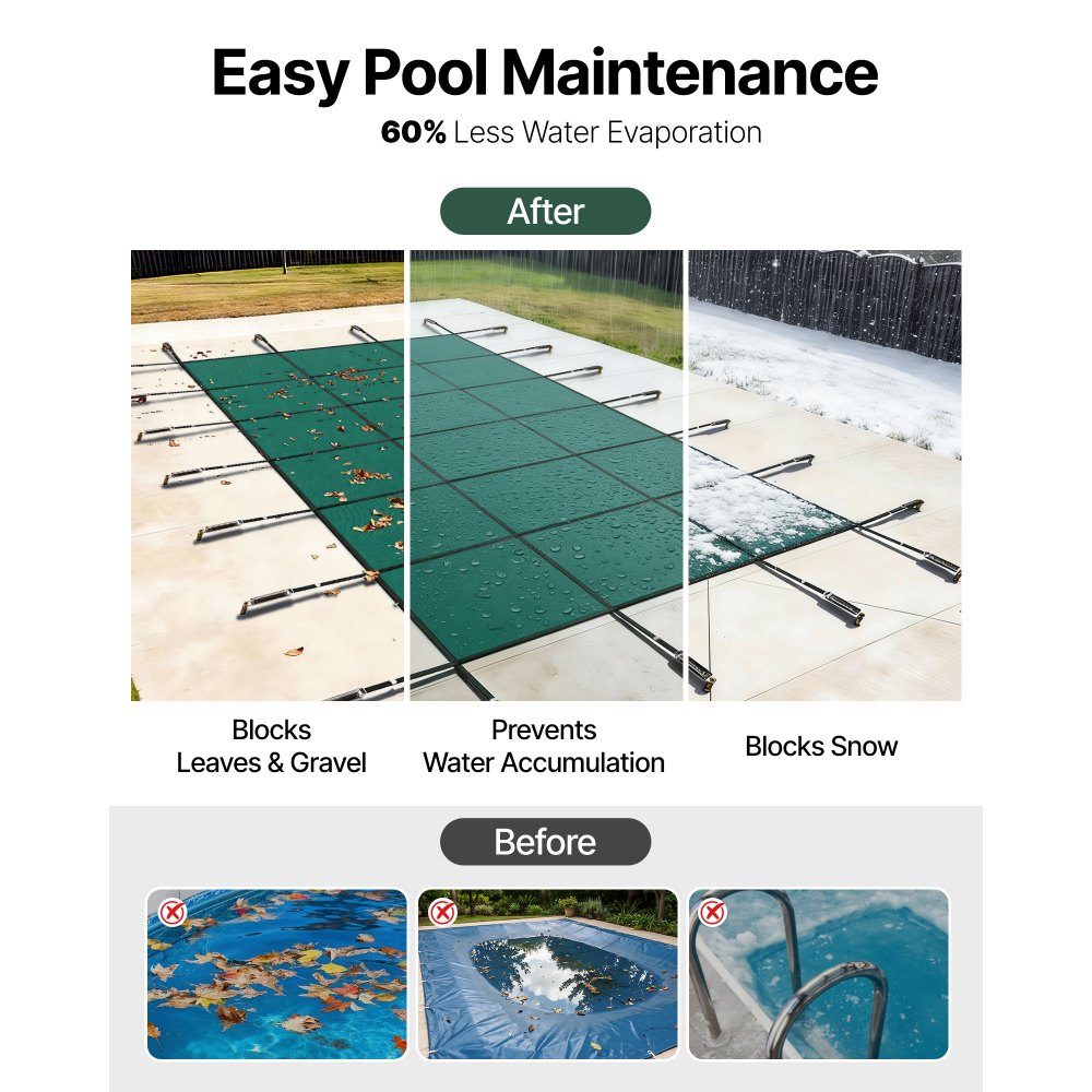 Pool Tarpaulin Suitable for Rectangular Inground Pools (4.3m x 7.9m) Winter Tarpaulin with Drainage Holes Opaque Mesh Cover for Swimming Pools Safety Cover Green