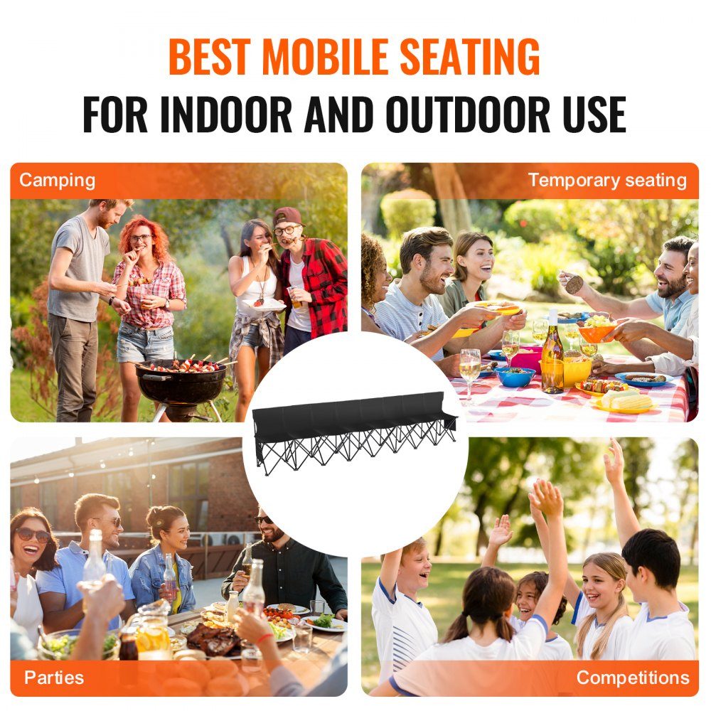 Portable Folding Bench 8 Seater Folding Side Bench Outdoor Camping Bench Chair with Carry Bag and Backrest Team Sports Side Bench for Football Fishing No Assembly Required Instant Sit Black