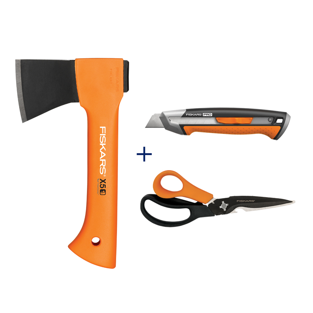 A gift set for DIY enthusiasts: multifunctional scissors + X5 ax + Carbonmax utility knife FISKARS