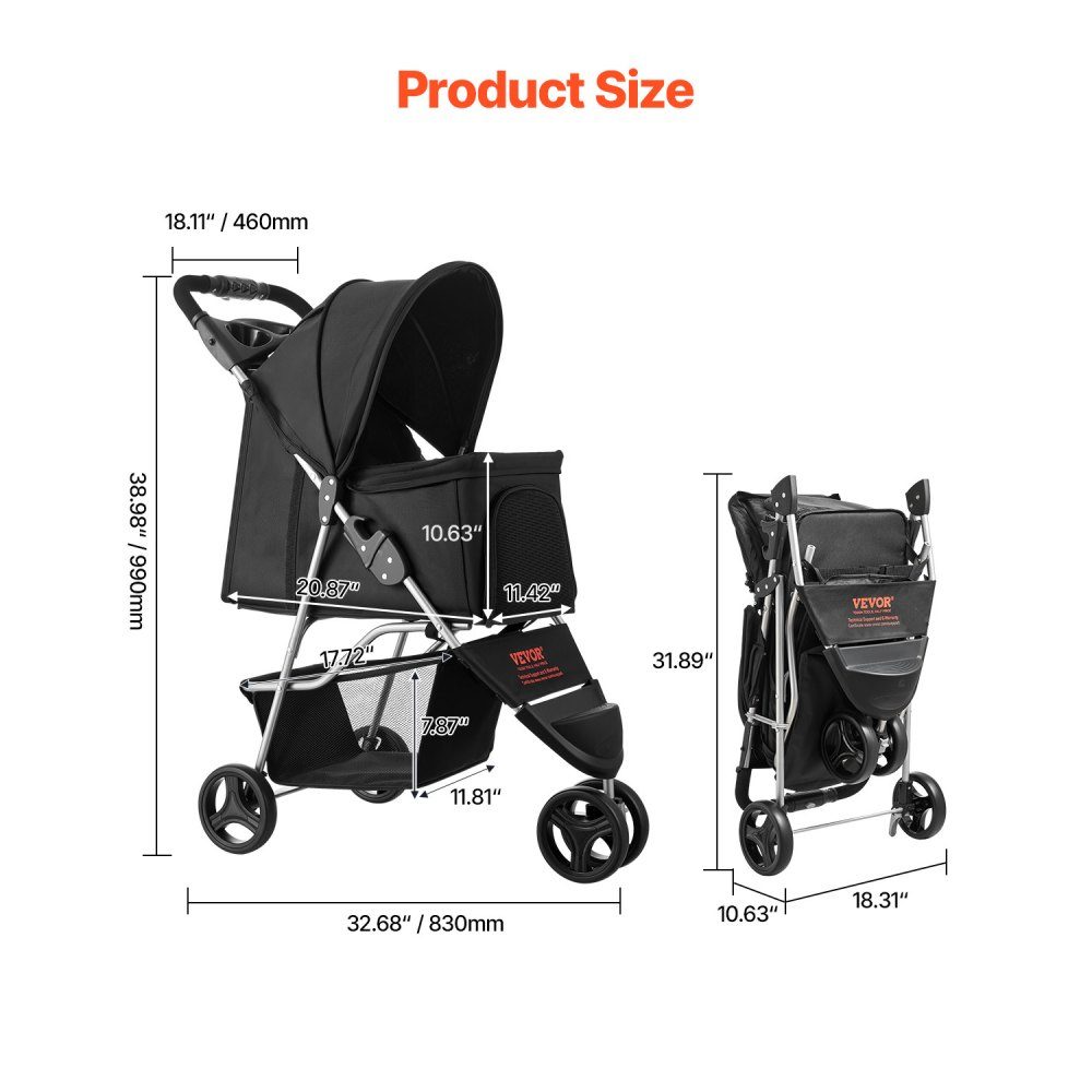 Hundebuggy, Tragfähigkeit 16 kg, faltbarer Haustierbuggy, Katzenbuggy mit 3 Rädern, Netzfenstern und Getränkehaltern, Hundebuggy mit Bremse, für kleine bis mittelgroße Haustiere