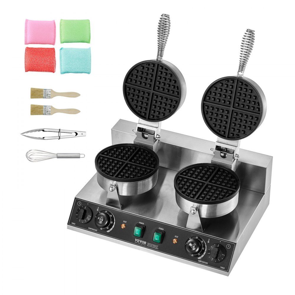 Kommerzielles rundes Waffeleisen mit Doppelkopf 2460 W, belgisches Waffeleisen mit antihaftbeschichteter Backoberfläche, Temperatur- und Zeitkontrolle, für Restaurant-Bäckerei-Snackbar