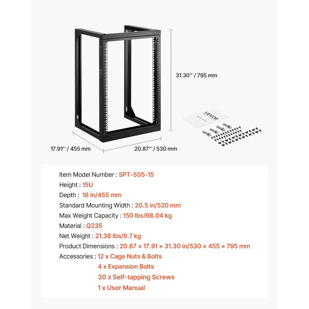 15U-Server-Rack zur Wandmontage, 68 kg maximale Tragfähigkeit, Netzwerk-Rack mit offenem Rahmen und 180-Grad-Torschwenkung, Kohlenstoffstahl, für 482-mm-IT-Netzwerkgeräte und AV-Geräte, Computerserver, Schwarz