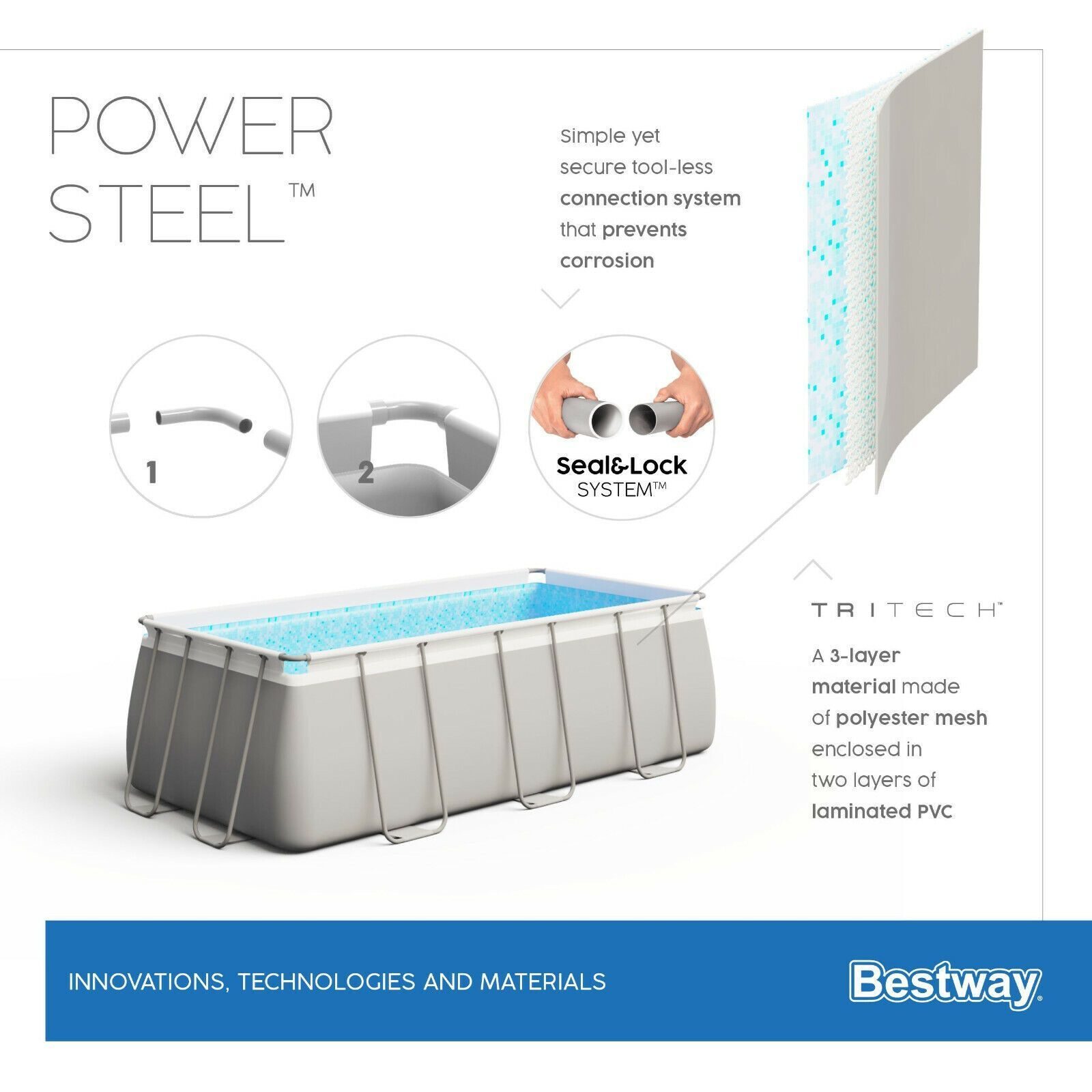 Bestway Power Steel Frame Pool Set Pumpe quadratisch grau 412 x 201 x 122 cm