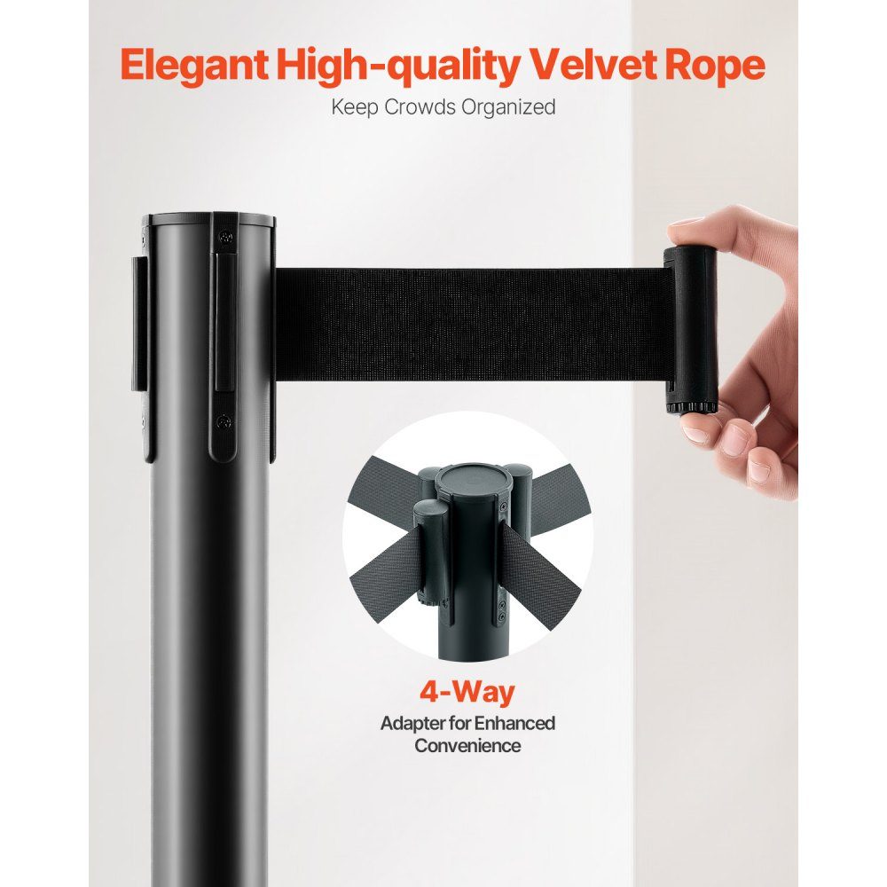 Crowd Control Barrier Posts (Pack of 4) with 4 Retractable Straps, Carbon Steel Barrier Posts with Hollow Base for Weddings, Exhibitions, Black