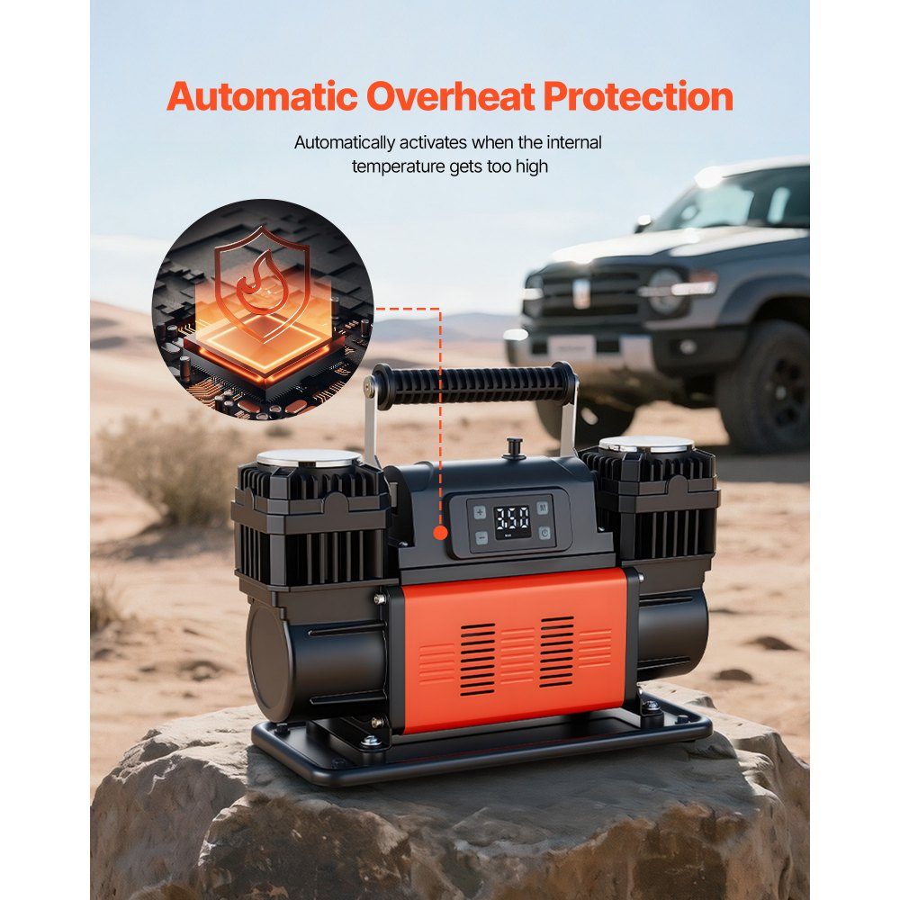 Air Compressor Dual Cylinder 300L/min Auto Shut-off Tire Inflator 12V 10.3bar Off-Road Air Pump with LCD Digital Display and Adapters for Trucks, Cars, SUVs, SUVs and RVs