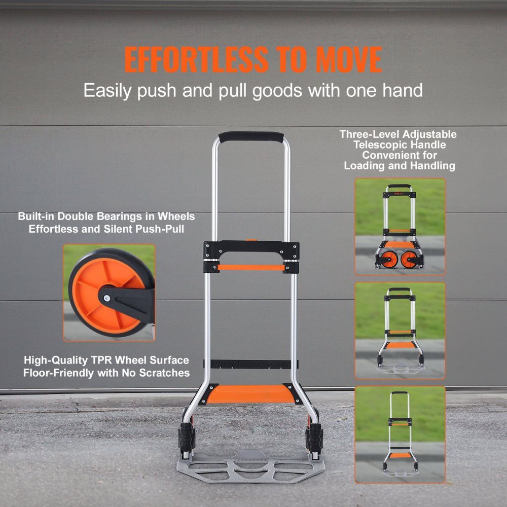 Folding Sack Truck 125kg Aluminum Alloy Plastic Transport Trolley Stacking Trolley with Adjustable Handle 820-1105mm Foldable Trolley with Tension Rope Included Compact Size for Storage