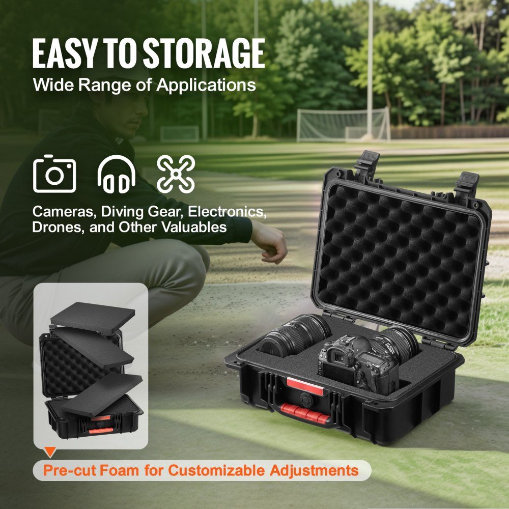 Weatherproof Hard Shell Dry Boxes with Pre-Cut Foam and Retractable Handles for Travel, IP67 Waterproof Case for Cameras, Black (38 x 30 x 14 cm)
