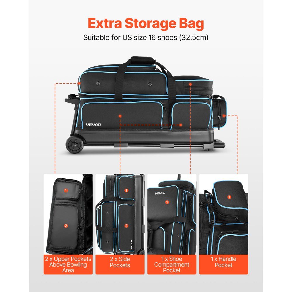 Bowling ball bag for 3 balls with double wheels and separate compartment for shoes (up to US size 16) and oversized accessory pocket, extendable handle, extends to 105 cm, black + blue