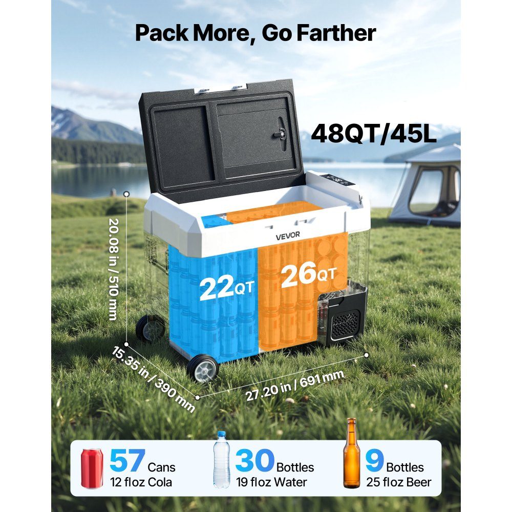 Compressor Cooler 12/24V DC 100-240V AC, Car Fridge 45L with App Control & Wheels & 2 Temperature Zones (-20°C to 20°C), Portable Fridge for RV, Boat, Camping, Fishing