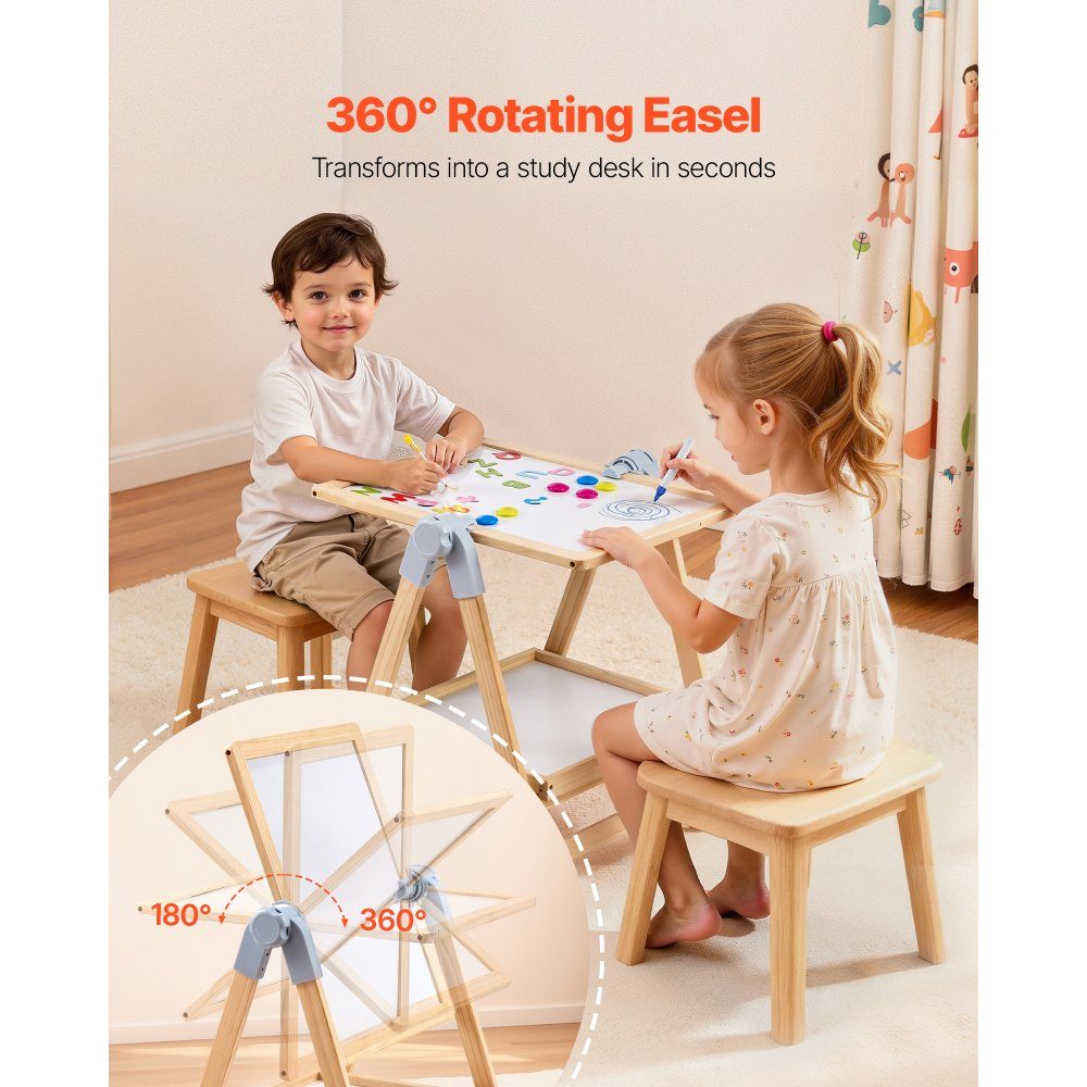 Kunststaffelei für Kinder, 2-in-1-Kunststaffelei aus Holz, doppelseitig mit magnetischem Whiteboard und Kreidetafel, verstellbares, stehendes, drehbares, klappbares Zeichenbrett mit Malzubehör für Jungen und Mädchen