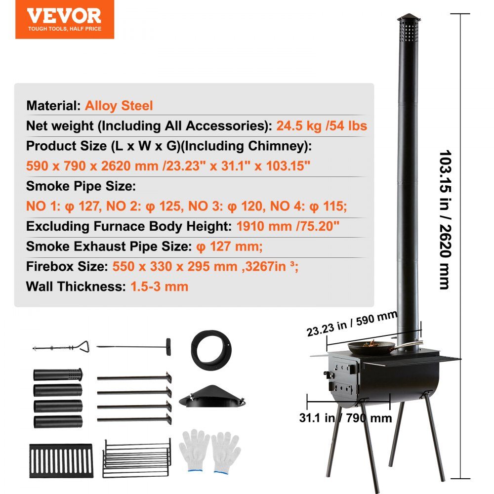 Poêle à bois Portable Camping tente chaude gril four 300 cm extérieur avec tuyaux