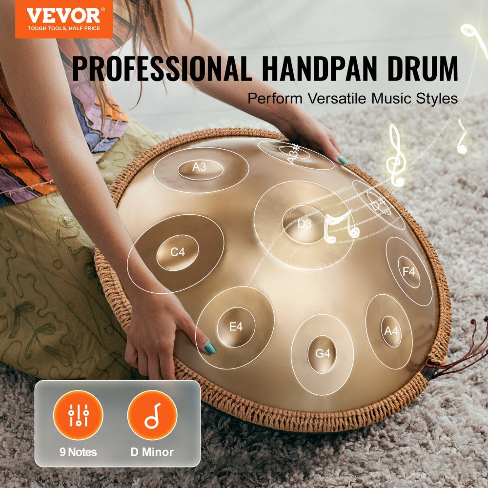 Handpan, 55 cm, 9 notes, tambour à main en ré mineur, instrument de batterie avec maillets, support de handpan 440 Hz et sac de transport, tambour sonore en acier de guérison, instruments de percussion pour adultes et débutants