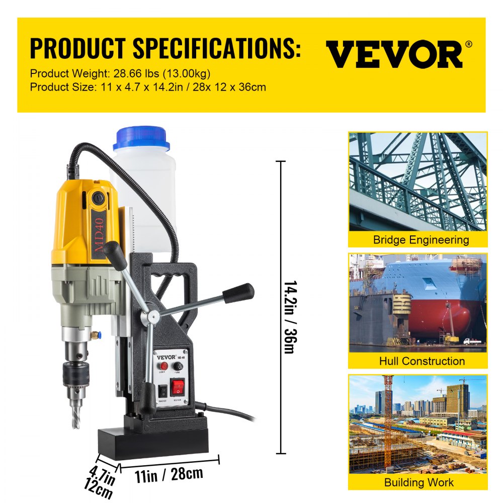1100W Magnetbohrmaschine Magnetbohrmaschine 12000 N Elektrische Kernbohrmaschine Industriebohrmaschine mit 12 Bohrern, max. Tiefe 55 mm, für Schiffs- und Brückenbau, Stahlbau