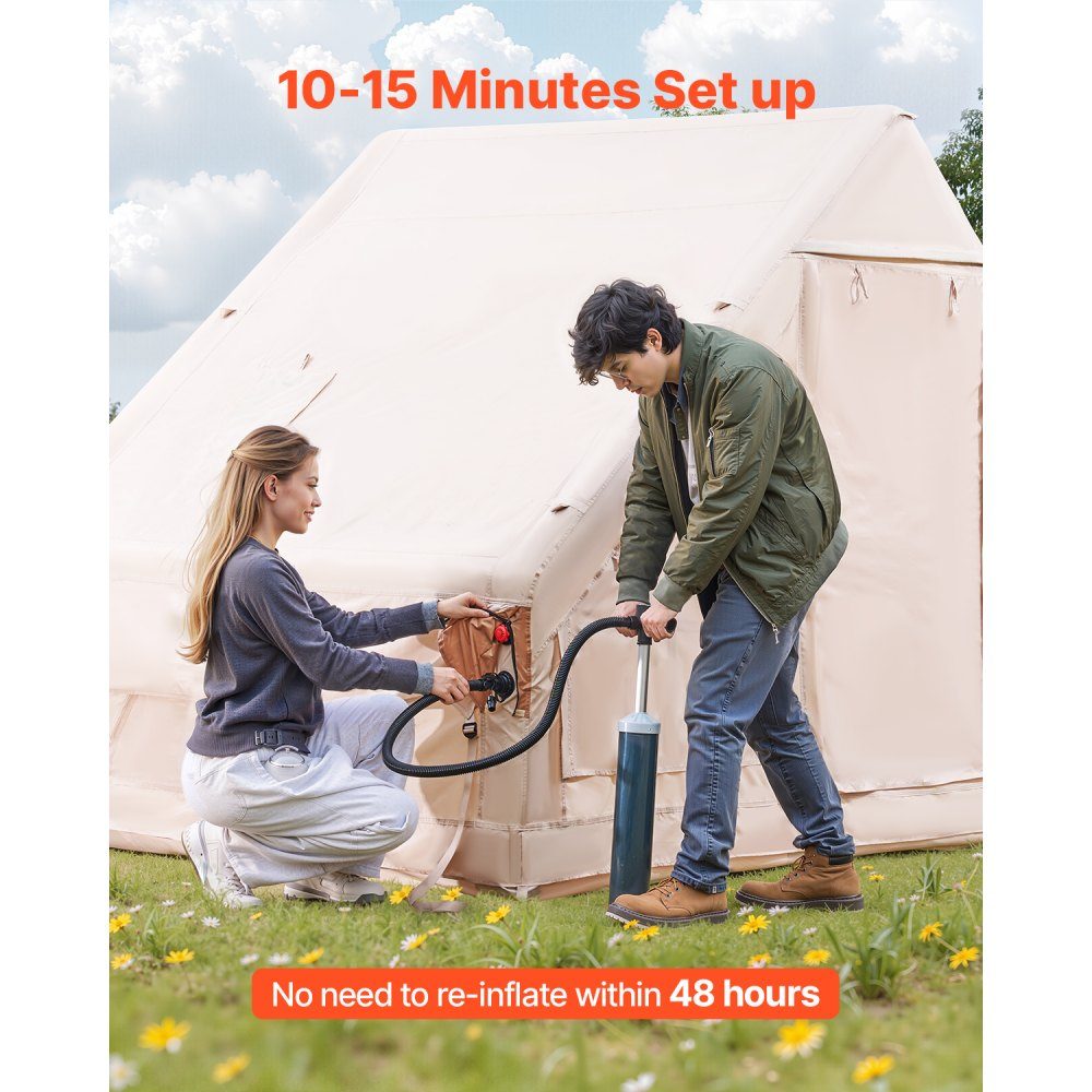 Opblaasbare kampeertenten 4 x 3 x 2 m 5-8 personen 300D Oxford glamping tent met kachelpoort, handpomp, 2 deuren en 4 gaasramen, inclusief opbergtas voor gemakkelijk transport