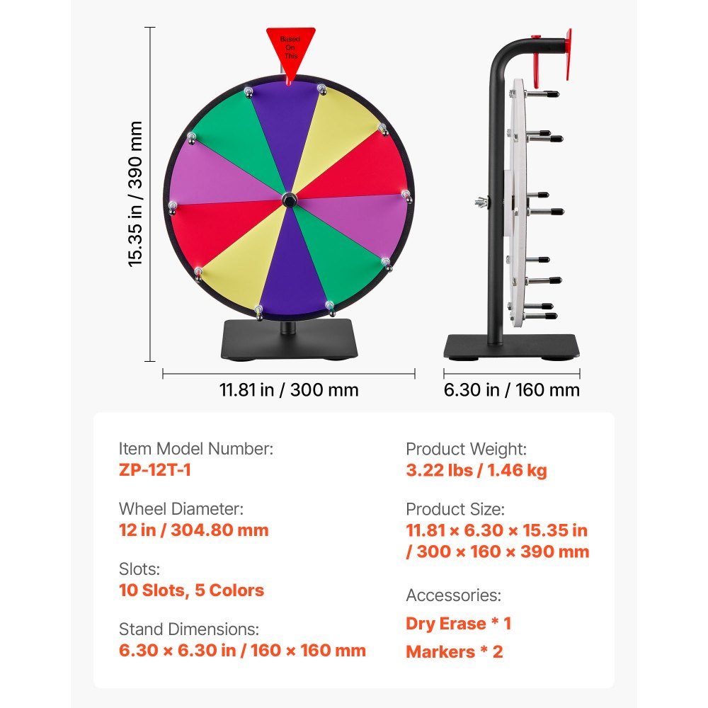 Roue de la Fortune, Roue (305 mm), 10 Compartiments, Roue de la Fortune avec Support, Jeux de Loterie, Compétition, Roulette, avec Tableau Éponge et 2 Marqueurs, 6 Couleurs, Roue des Prix Rotative, Idéale pour Fête, Pub, Foire Commerciale