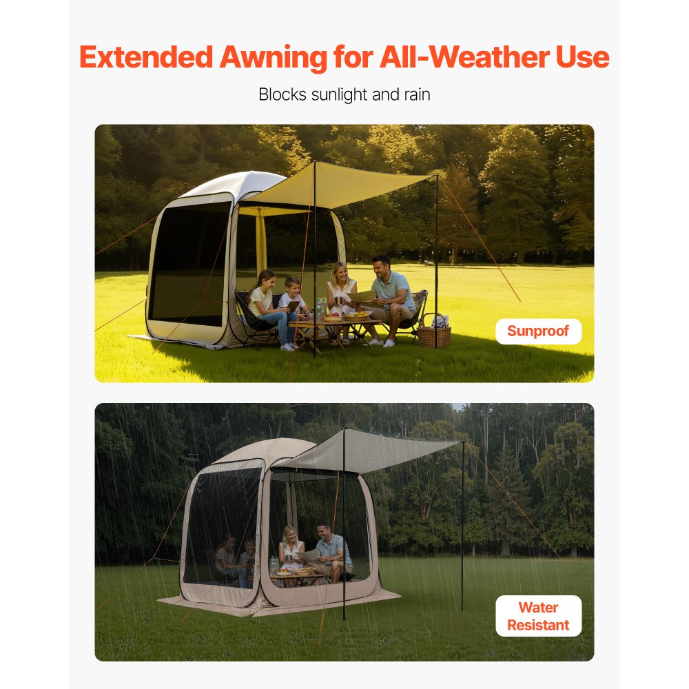 Campingzelt, 182,88 x 182,88 x 219,4 cm, Pop-up-Zelt mit einziehbarer Markise, tragbares Partyzelt für 4–6 Personen, inklusive Tragetasche und Seitenwänden, für Terrasse und Outdoor-Aktivitäten, Beige Campingzelt, 182,88 x 182,88 x 219,4 cm, Pop-up-Zelt mit einziehbarer Markise, tragbares Partyzelt für 4–6 Personen, inklusive Tragetasche und Seitenwänden, für Terrasse und Outdoor-Aktivitäten, Beige