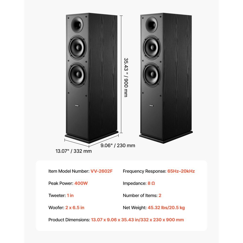 Passive floorstanding speaker pair, 2-way, with 1" tweeter, two 6.5" woofers, 400W peak power, 65Hz-20kHz frequency response, robust MDF housing, for home audio, pair