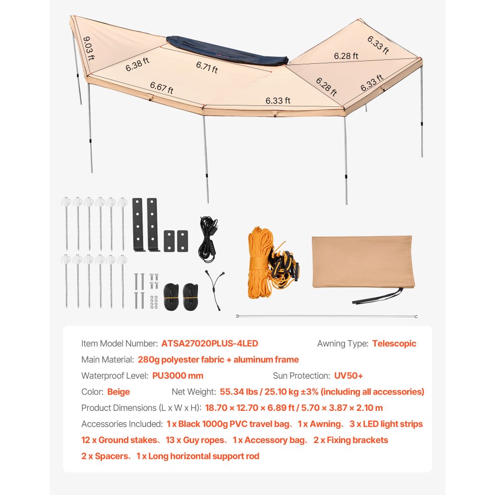 Auvent de voiture 5,7 m x 3,87 x 2,1 m, auvent 270° avec lumières LED intégrées, voile d'ombrage UV50+, auvent de voiture autoportant toutes saisons, pare-soleil pour SUV camion, idéal pour le camping Auvent de voiture 5,7 m x 3,87 x 2,1 m, auvent 270° avec lumières LED intégrées, voile d'ombrage UV50+, auvent de voiture autoportant toutes saisons, pare-soleil pour SUV camion, idéal pour le camping