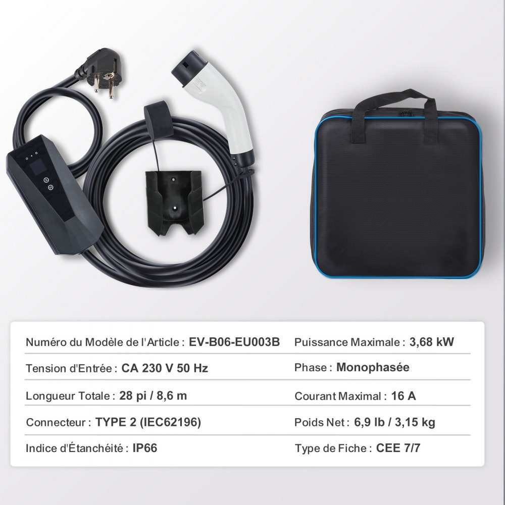 Tragbares EV-Ladegerät mit LCD-Display, 3,68-kW-Ladegerät für Elektrofahrzeuge, EV-Ladekabel Typ 2 (IEC62196), CEE 7/7-Stecker, 16 A, 1-phasige EV-Ladestation, 8,6 m Kabellänge, wasserdichte IP66-Wallbox