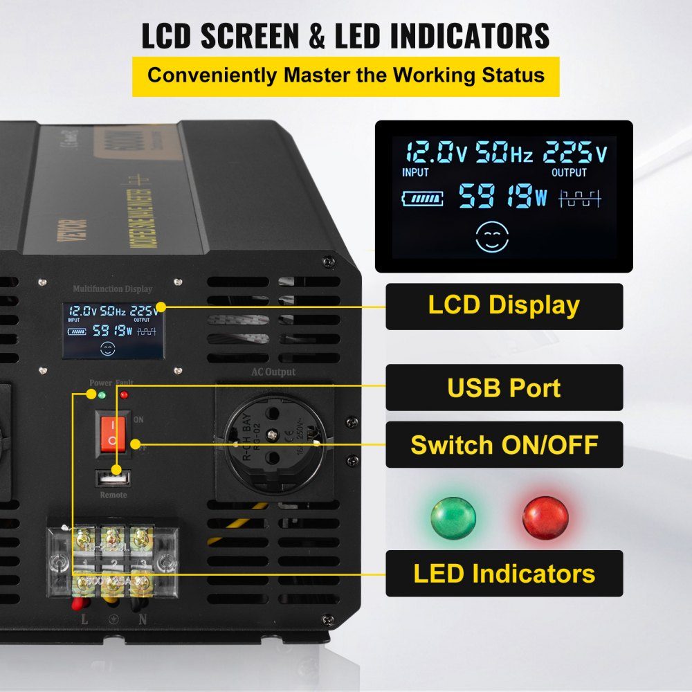 Power Inverter 6000W Modified Sine Wave Inverter DC 12V to AC 230V Car Converter with LCD Display LED Indicators EU Sockets Power Inverter for Car RV Truck Boat Travel