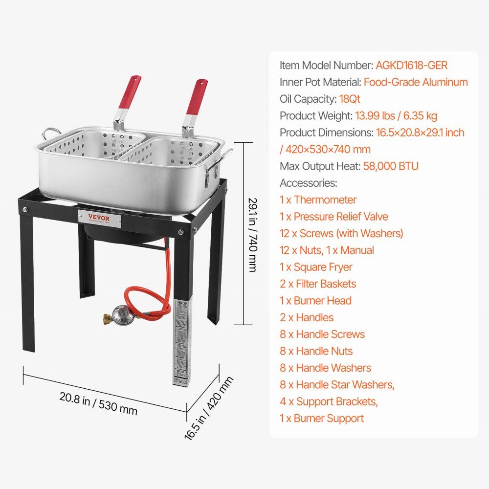 Fischfritteuse, Flügelfritteuse, Propan-Fischfritteusen-Set, 13,27 l Aluminium-Meeresfrüchtetopf für den Außenbereich mit Thermometer, Siebkorb und 58000 BTU-Propanbrennern zum Kochen im Freien