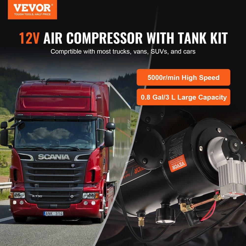12V Air Compressor Kit with Tank 3L, Train Horn Air Compressor Kit, 90-120 PSI Working Pressure, Integrated Air Compressor System for Train Air Horns, Inflating Tires, Trucks, SUVs, etc. Black