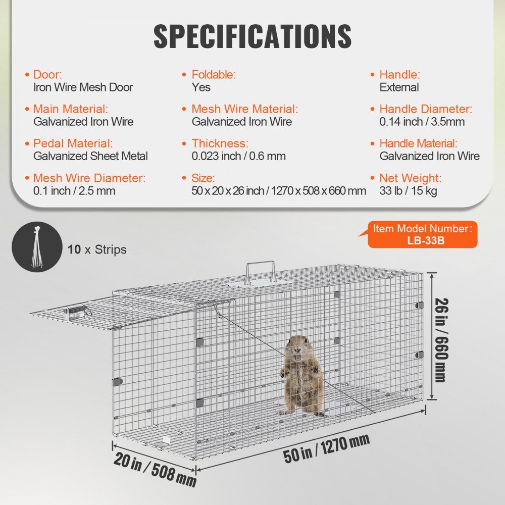 Live Animal Cage Trap 50" x 20" x 26" Humane Galvanized Iron Cat Trap Foldable Animal Trap with Handle for Stray Dogs, Armadillos, Raccoons, Marmots, Foxes