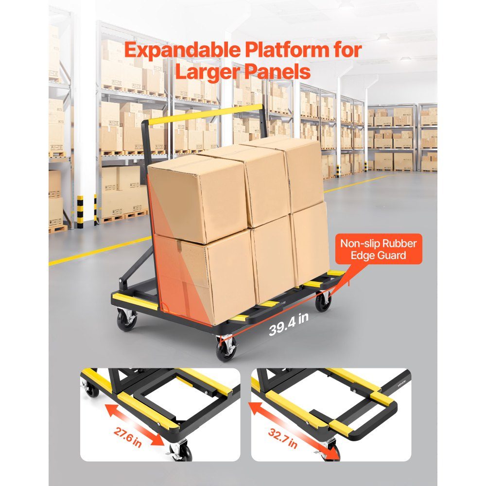 Panel trolley, 816 kg load capacity, transport trolley with 4 swivel castors & extendable loading area, folding panel trolley with lashing strap for transporting plywood, plasterboard, glass