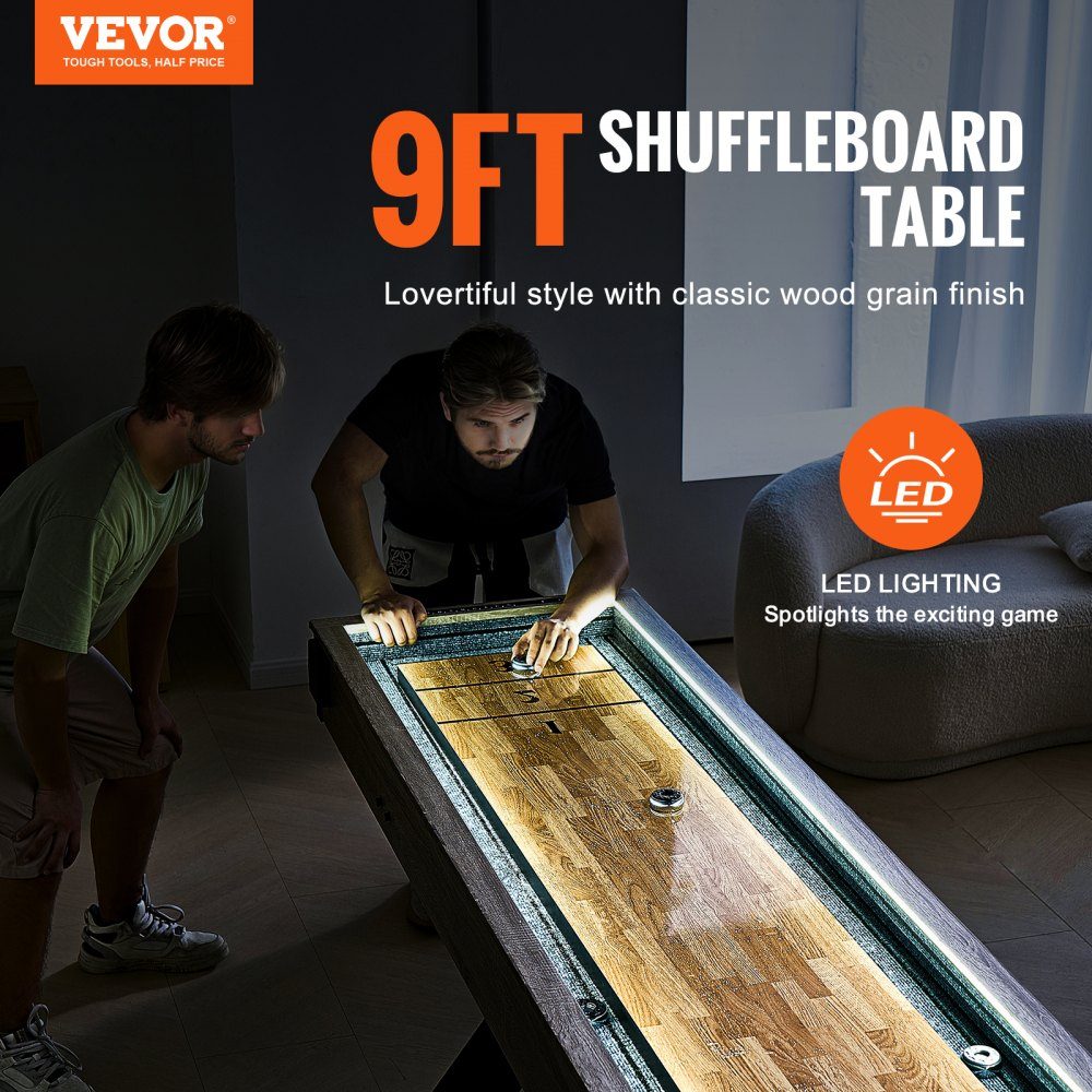 Shuffleboard Table, 9ft Shuffleboard with LED Lights for Family Game Room, 2 in 1 Shuffleboard and Bowling Combo Game Set, with Anti-Scratch Board, Legs, 8 Pucks, Bowling Set, Wax, Brush