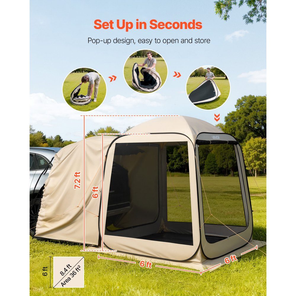 Namiot kempingowy 72" x 72" Pop-Up SUV Namiot z tylną klapą Przenośny namiot imprezowy dla 4-6 osób z torbą do noszenia Siatkowe ściany boczne na kemping Ogród Zajęcia na świeżym powietrzu Beżowy