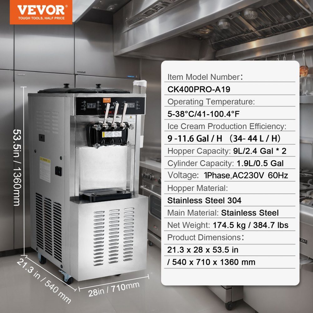 Komercyjna maszyna do lodów, wydajność 34-44 L/h, 1850 W, wolnostojąca maszyna do lodów miękkich w 3 smakach, 2 pojemniki ze stali nierdzewnej o pojemności 9 l, panel LED, obsługa jednocylindrowa i chłodzenie nocne