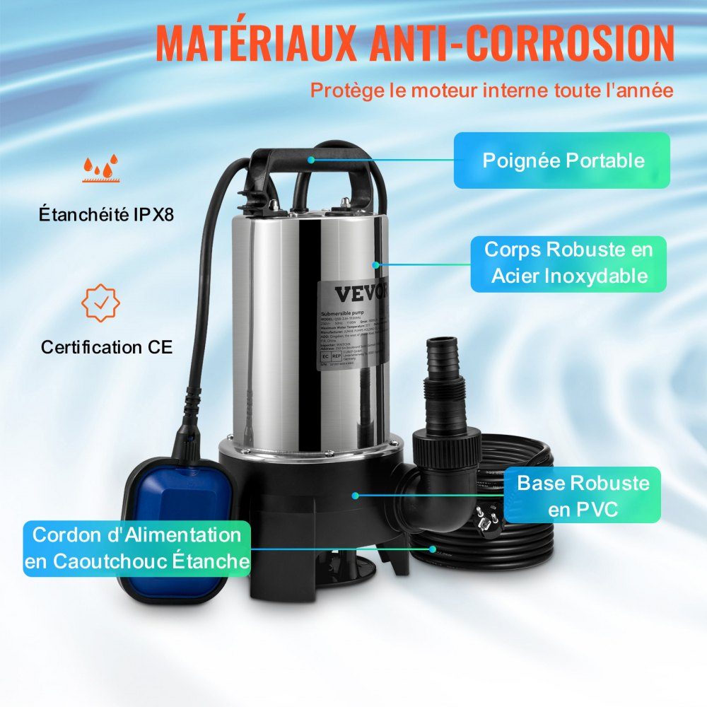 Tauchpumpe 1100 W Schmutzwasserpumpe 230 V Gartenpumpe Durchfluss 333,3 l/min Schmutzwasser-Tauchpumpe IPX8-Auslass zuschneidbar zum Pumpen von Wasser aus Schwimmbeckenteichen