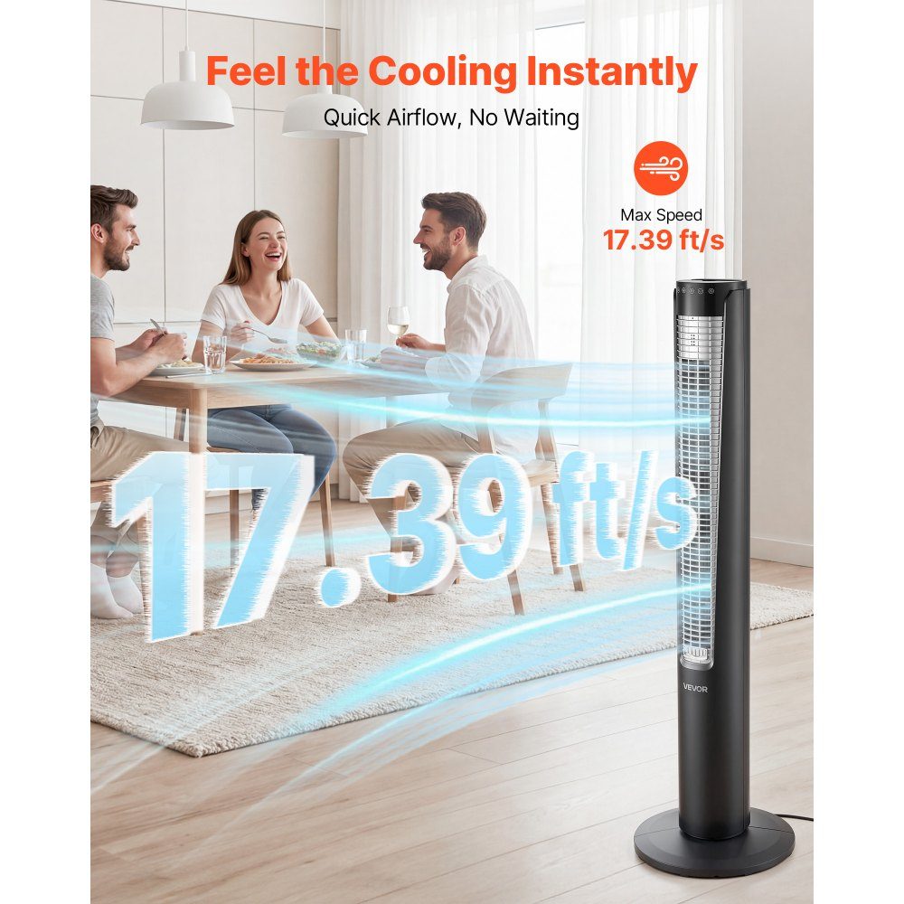 Torenventilator van 60 W, kolomventilator van 107 cm met 3 snelheden, 4 modi, 12-uurs timer, 70 ° oscillerende ventilator met afstandsbediening, stille voetstukventilator voor slaapkamer, kantoor, zwart