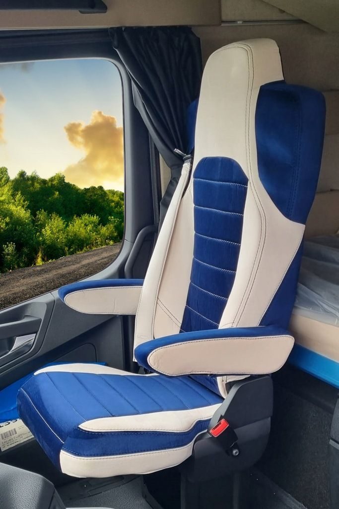 Handgefertigte hochwertige Actros LKW SITZBEZÜGE MERCEDES ACTROS MP5 MP 5 marineblau-beige Komplettset