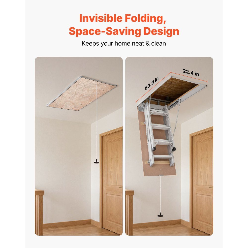 Folding Attic Stairs, 170kg Heavy Duty Aluminum and Wood Attic Ladder, Hydraulic Attic Stairs with Pull Rope for Ceiling Heights 300-313cm, Metal Ladder with 137cm x 57cm Access Opening, Silver