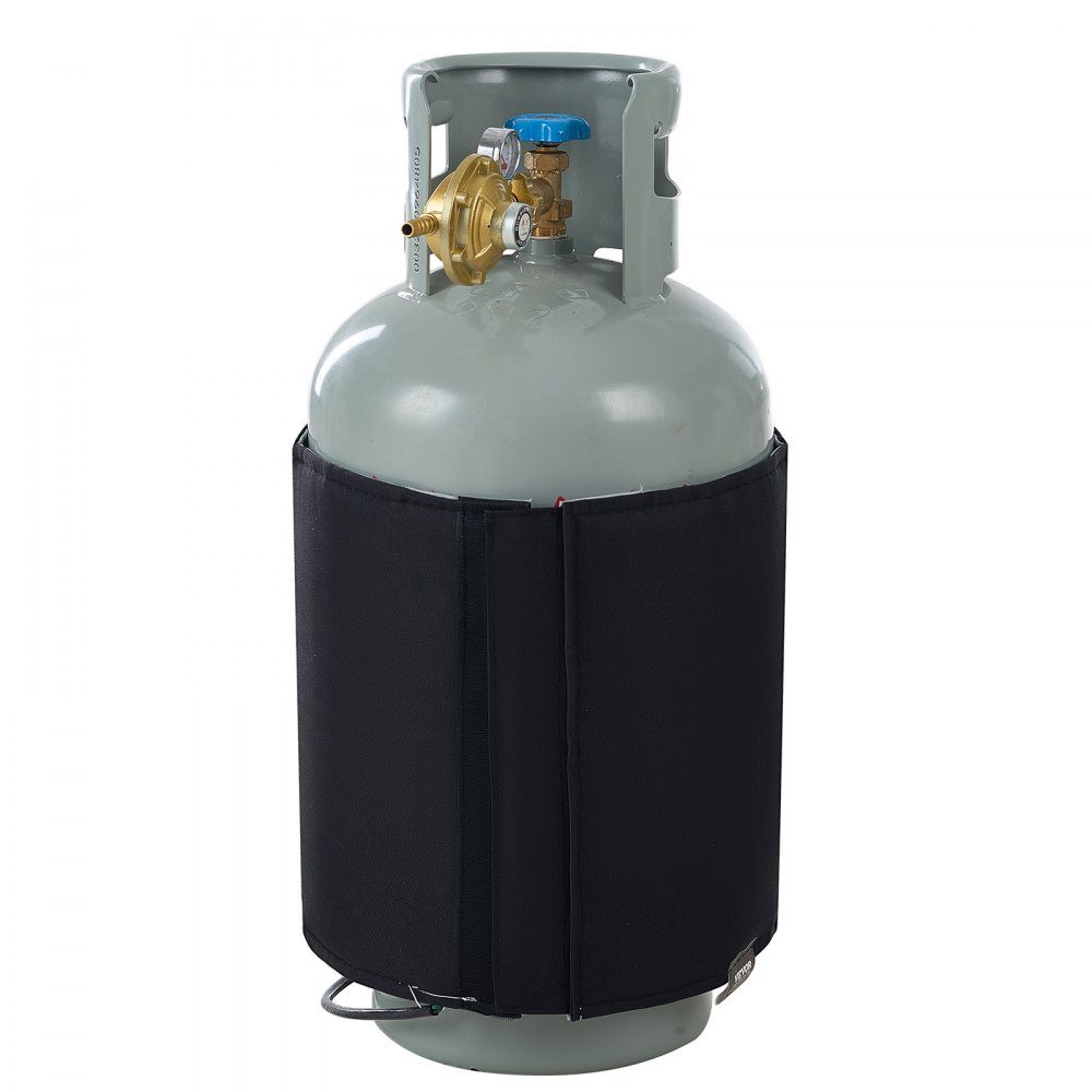 Insulated band style gas bottle warmer, fits 40lb gas tanks, 120W propane heater, fixed internal thermostat, maximum temperature 90°F, durable waterproof oxford fabric, CE approved