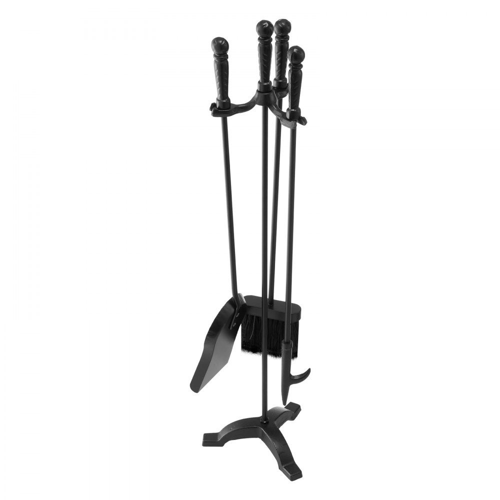 Kaminbesteck-Set, 4-teiliges Herdbesteck-Set, inklusive dreizackigem Ständer, Ascheschaufel, Besen, Schürhaken, schmiedeeisernes Kaminzubehör für Lagerfeuer im Innen- und Außenbereich, Schwarz