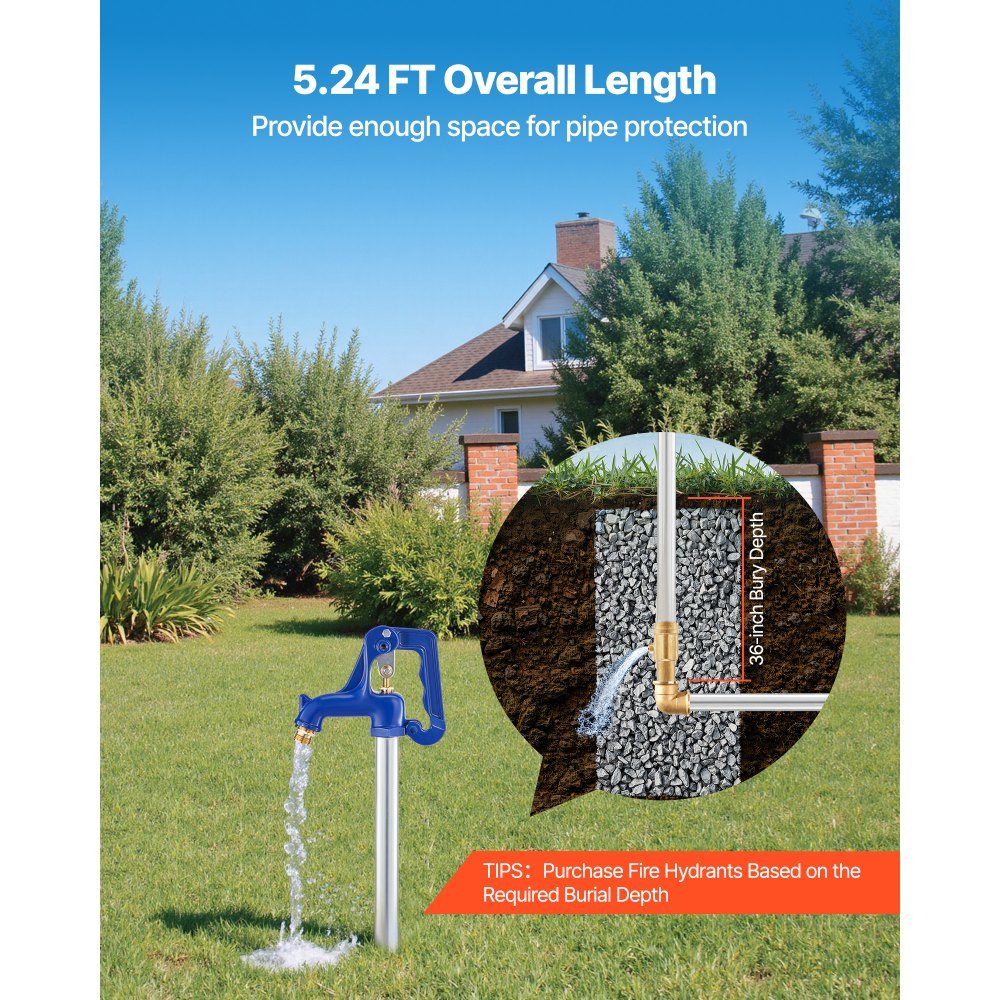 Vorstbestendige tuinhydrant, 1595 mm buitenkraan met 36" ingraafdiepte, G 3/4" leidingaansluiting en slangkoppeling, loodvrije hydrant voor tuin- en boerderijirrigatie