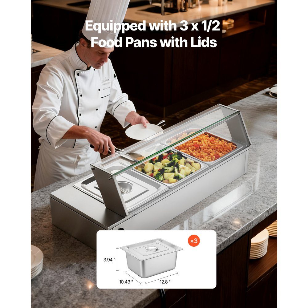 Chauffe-plats professionnel avec couvercle en verre et 3 récipients (taille 1/2) 1,5 kW Réchauffeur de buffet en acier inoxydable, récipient de buffet, bain-marie, station de réchauffement des aliments pour restaurants, fêtes, buffets