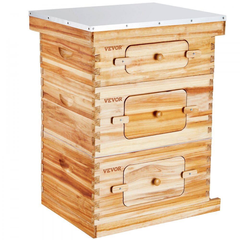 Beehive, Zander Beehive for 30 Frames, Beeswax Coated Wood, 2 Deep + 1 Medium Bee Box, Langstroth Beehive Set, Clear Acrylic Windows with Foundations