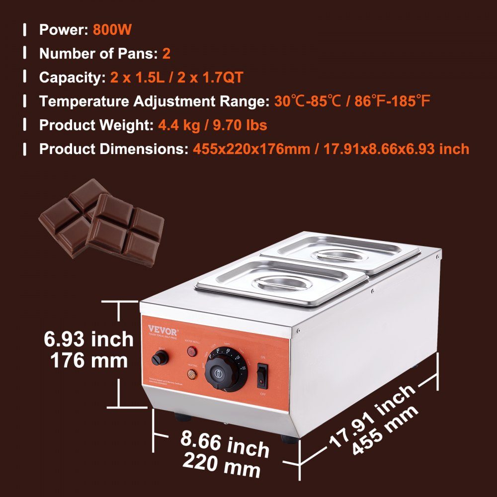 Chocolade smeltkroes, commerciële elektrische chocoladesmelter, 800W roestvrijstalen smeltkroes, 2 x 3,5L container, chocoladesmeltmachine, smeltkroes