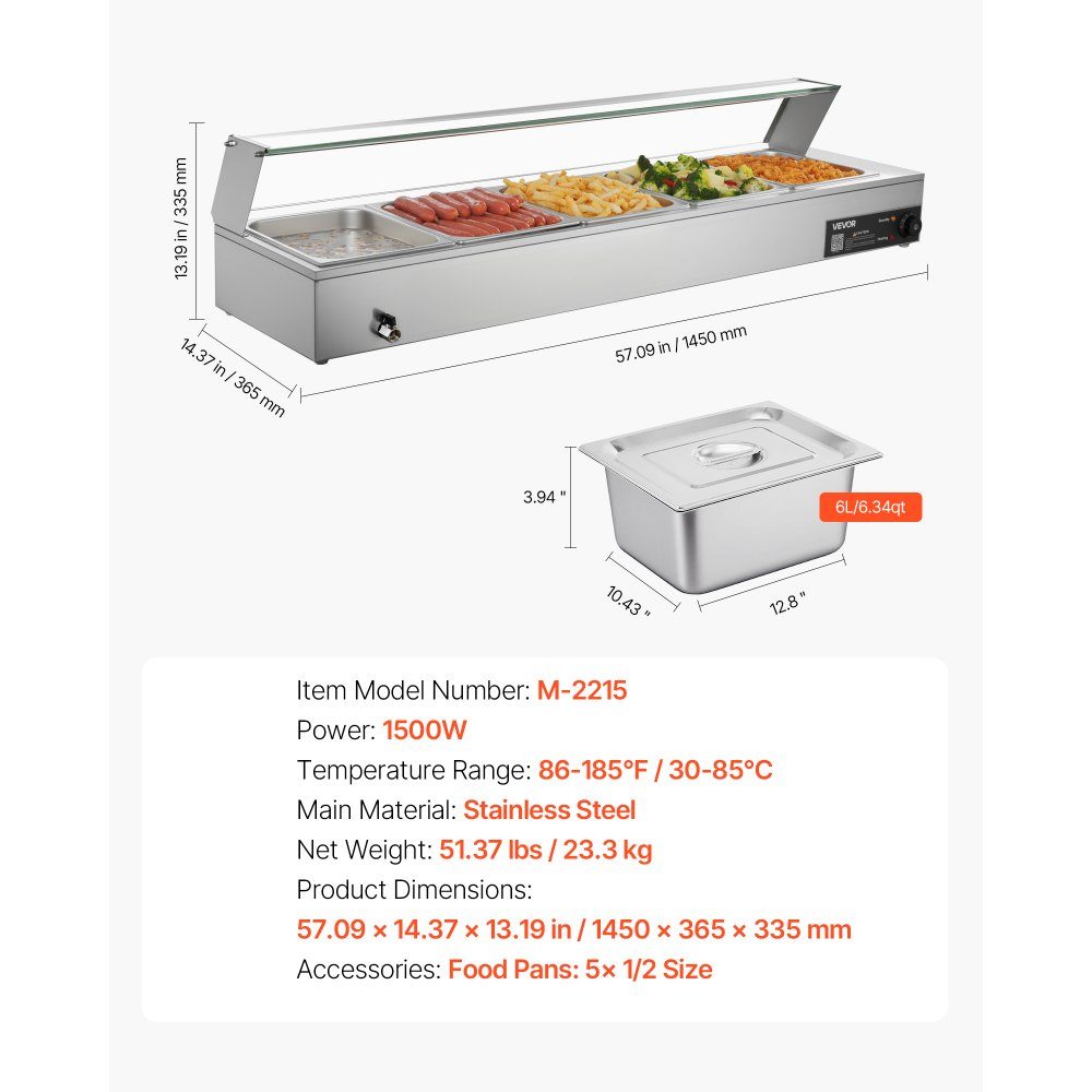 Chauffe-plats professionnel avec couvercle en verre et 5 récipients (taille 1/2) 1,5 kW Réchauffeur de buffet en acier inoxydable, récipient de buffet, bain-marie, station de réchauffement des aliments pour restaurants, fêtes, buffets