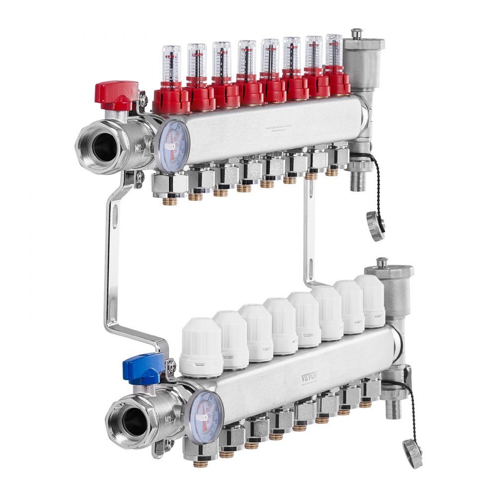 Wärmeverteiler mit 8 Zweigen, 1/2-Zoll-PEX-Rohrverteiler, PEX-Verteiler aus Edelstahl für hydronische Fußbodenheizung, Wärmeverteilungs-PEX-Verteiler-Kit mit 1/2-Zoll-Adaptern im Lieferumfang enthalten