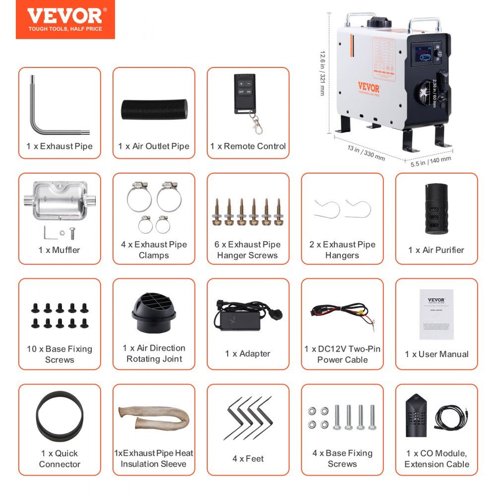 2KW Diesel Heater 12V/24V All-in-One Diesel Air Heater with Bluetooth App Control and Remote Control Screen and CO Alarm Fast Heating Portable Vertical Diesel Heater
