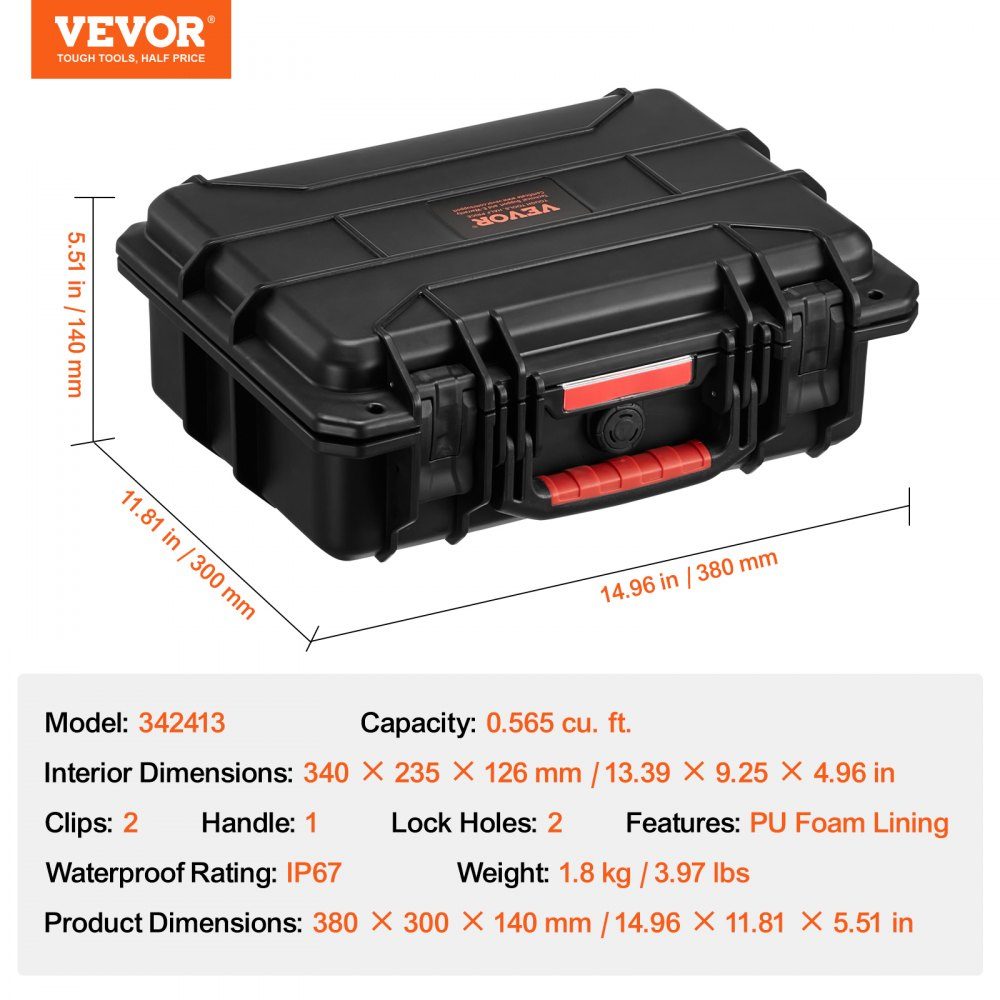 Weatherproof Hard Shell Dry Boxes with Pre-Cut Foam and Retractable Handles for Travel, IP67 Waterproof Case for Cameras, Black (38 x 30 x 14 cm)