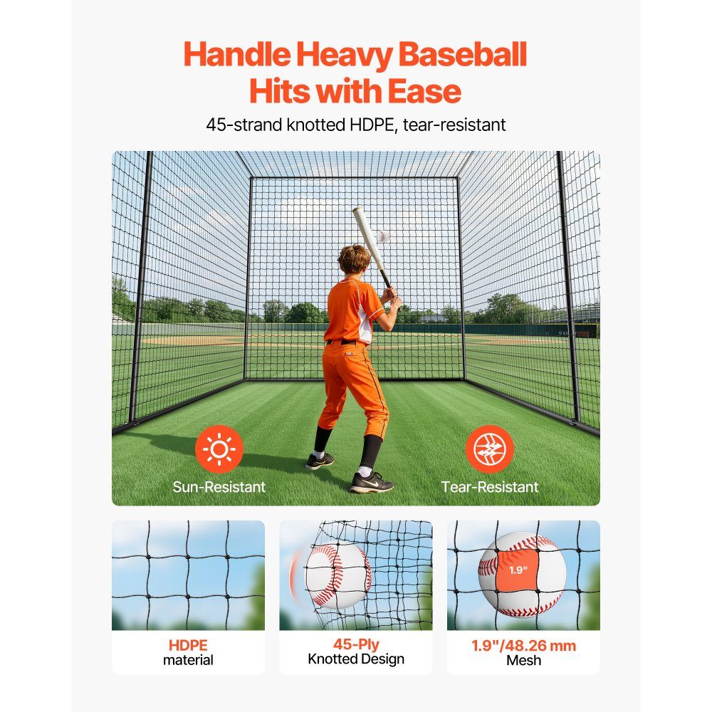 Baseball Batting Cage Net (Rectangular) 10668 x 3200 x 3100mm, Portable Training Net with 45-lagigem & Knotted HDPE Fabric & Long Positioning Ropes, Softball Training Cage Net Included