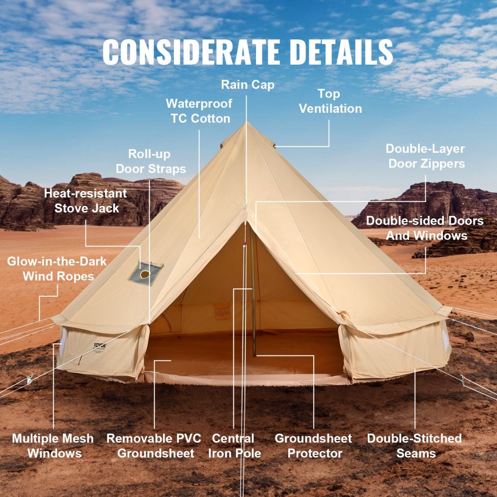 Tente cloche 6x3,5 m Tente yourte TC coton et poteaux en fer robustes avec tapis de sol en PVC Tente de camping Tente familiale pour 10 personnes Tente de groupe avec 12 fenêtres pour les aventures en plein air